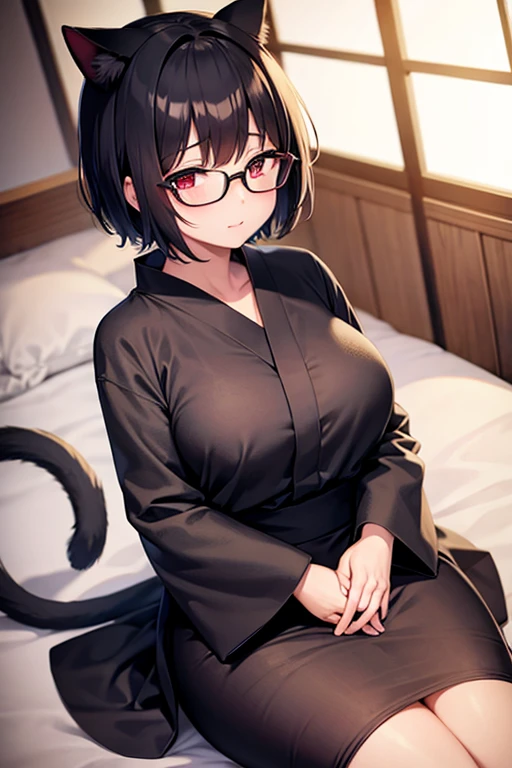 Cute girl, short hair,Wonderful smile, black turban, long black abaya, medical glasses, Big turban, Big black turban, long sword, sexy body, Cat ears, cat collar, cat tail