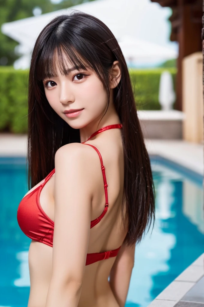 best quality, 8k, very delicate and beautiful, highly detailed face and skin texture, shiny skin, high resolution, sexy long hair japanese girl in sexy red bikini at pool, full body, sharp focus
