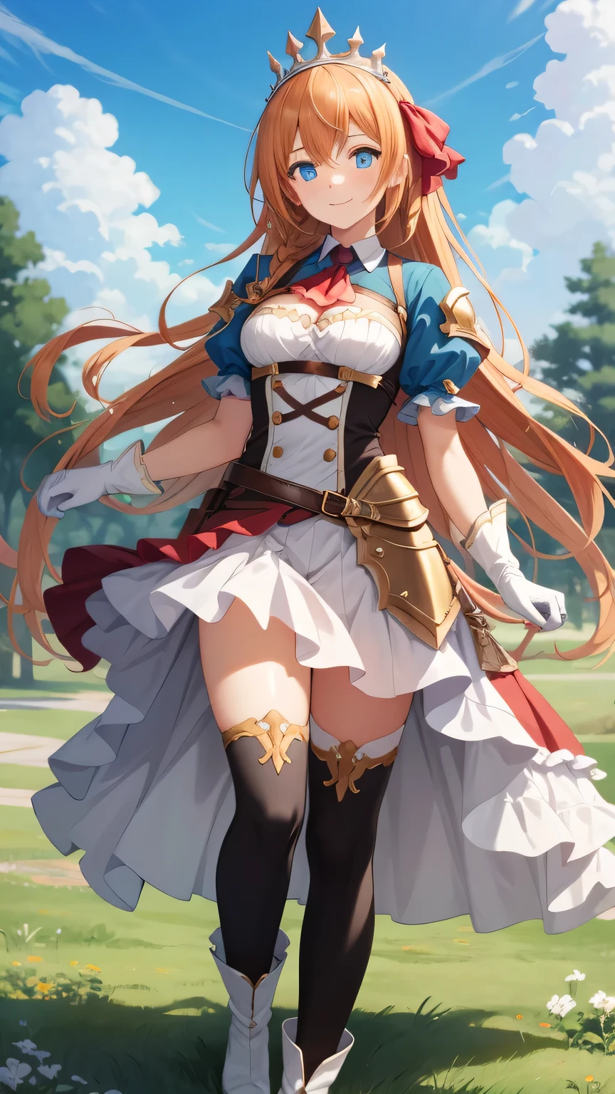 {{{masterpiece}}}, (best quality:1.5), (ultra-detailed:1.5), {illustration}, {{an extremely delicate and beautiful}}, (beautiful detailed eyes:1.6), absurdres, highres, extremely detailed face, 16k, hd, visual anime de uma jovem mulher, extremamente bonito rosto de anime, anime melhor garota, (perfect hands, perfect anatomy), anime face, Pecorine(Princess Connect!), 1girl, solo, cute face, orange hair, very long hair, tiara, hair ornament, hair ribbon, braid, hair braid, ahoge, bangs, sidelocks, blue eyes, black pupils, bright pupils, gradient eyes, medium breasts, thin waist, big hips, curvaceous, BREAK, white dress, double-breasted, open clothes, open dress, puffy short sleeves, puffy sleeves, red ascot, cleavage, shrug (clothing), short sleeves, armor, single pauldron, shoulder armor, arm belt, white gloves, pauldrons, white loincloth, pleated skirt, (red skirt:1.3), white petticoat, blue socks, boots, white footwear, BREAK, standing, smiling, flushed cheeks, peer in from below, outdoor, sky, daytime, ruins, forest, field