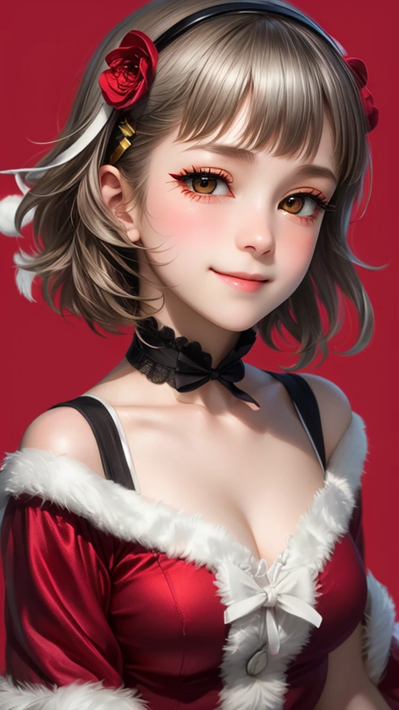 (((solo))), 1 woman, LOVELIVE! Sakuya Kurobane, sakuyaunif, kurobane_sakuya, short hair, grey hair, black hairband, blue hair flower, brown eyes, red eyeliner, chest, blush, smile, (upper body), santa claus