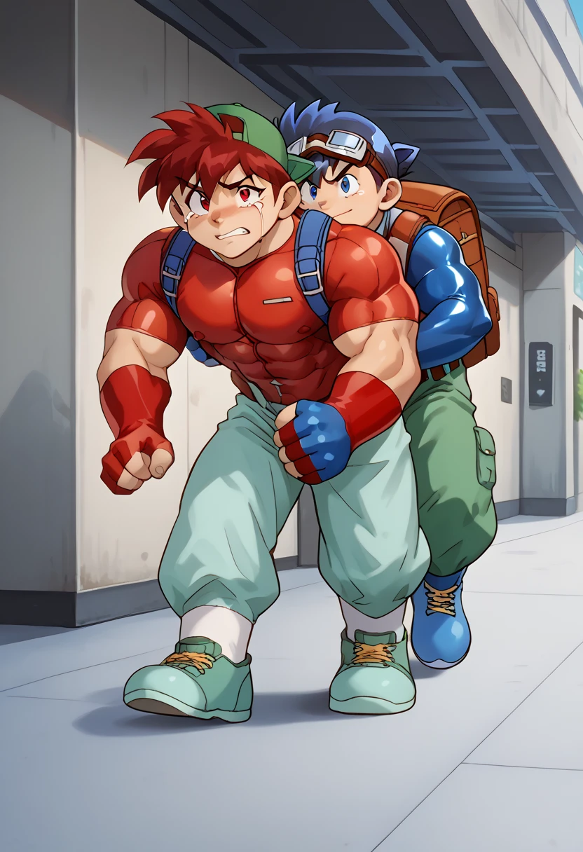 ( huge muscles, huge erect penis, anal sex,standing doggy style), rubber suit, best quality, High Quality,Crying face, impending sexual activity,Muscle pose score_9,score_8_up,score_7_up,score_6_up,score_5_up,score_4_up,source_anime,
BREAK
2boys,multiple boys,male focus,,male ,,blue hair,blue eyes,goggles,goggles on head,red hair,red eyes,hat,Baseball cap,
Full shot of SeiBago ,bag,backpack,shorts,male focus,2boys,Baseball cap,hat,goggles,gloves,fingerless gloves,multiple boys,backwards hat,red eyes,walking,blue hair,goggles on head,shirt,green shorts,socks,blue footwear,blue eyes,white socks,shoes,pants,short hair,closed mouth,