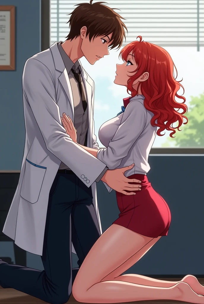 blond haired man, tan skinned man, (slim woman:1.7), naked, standing, Red hair, 2 people, smiling