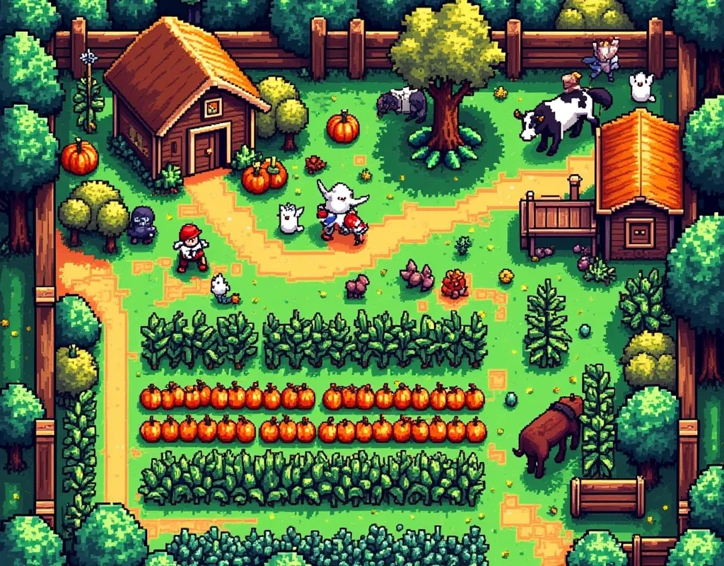 A picturesque landscape of a farm from a top-down perspective, reminiscent of the charming pixel art style seen in the popular video game Stardew Valley. The scene is set during the day, with a bright and clear sky overhead. In the foreground, a variety of vibrant crops are neatly organized in rows: plump pumpkins, tall corn stalks, and lush green cabbage. Scattered around are some farm animals: a few chickens pecking at the ground, cows grazing slightly off to the side, and a faithful brown workhorse near a rustic wooden barn. To the far left, a quaint farmhouse with a thatched roof is seen amidst the beautiful, pastoral surroundings.