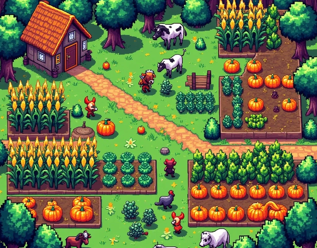 A picturesque landscape of a farm from a top-down perspective, reminiscent of the charming pixel art style seen in the popular video game Stardew Valley. The scene is set during the day, with a bright and clear sky overhead. In the foreground, a variety of vibrant crops are neatly organized in rows: plump pumpkins, tall corn stalks, and lush green cabbage. Scattered around are some farm animals: a few chickens pecking at the ground, cows grazing slightly off to the side, and a faithful brown workhorse near a rustic wooden barn. To the far left, a quaint farmhouse with a thatched roof is seen amidst the beautiful, pastoral surroundings.