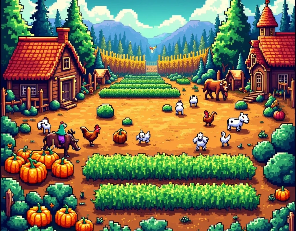 A picturesque landscape of a farm from a top-down perspective, reminiscent of the charming pixel art style seen in the popular video game Stardew Valley. The scene is set during the day, with a bright and clear sky overhead. In the foreground, a variety of vibrant crops are neatly organized in rows: plump pumpkins, tall corn stalks, and lush green cabbage. Scattered around are some farm animals: a few chickens pecking at the ground, cows grazing slightly off to the side, and a faithful brown workhorse near a rustic wooden barn. To the far left, a quaint farmhouse with a thatched roof is seen amidst the beautiful, pastoral surroundings.