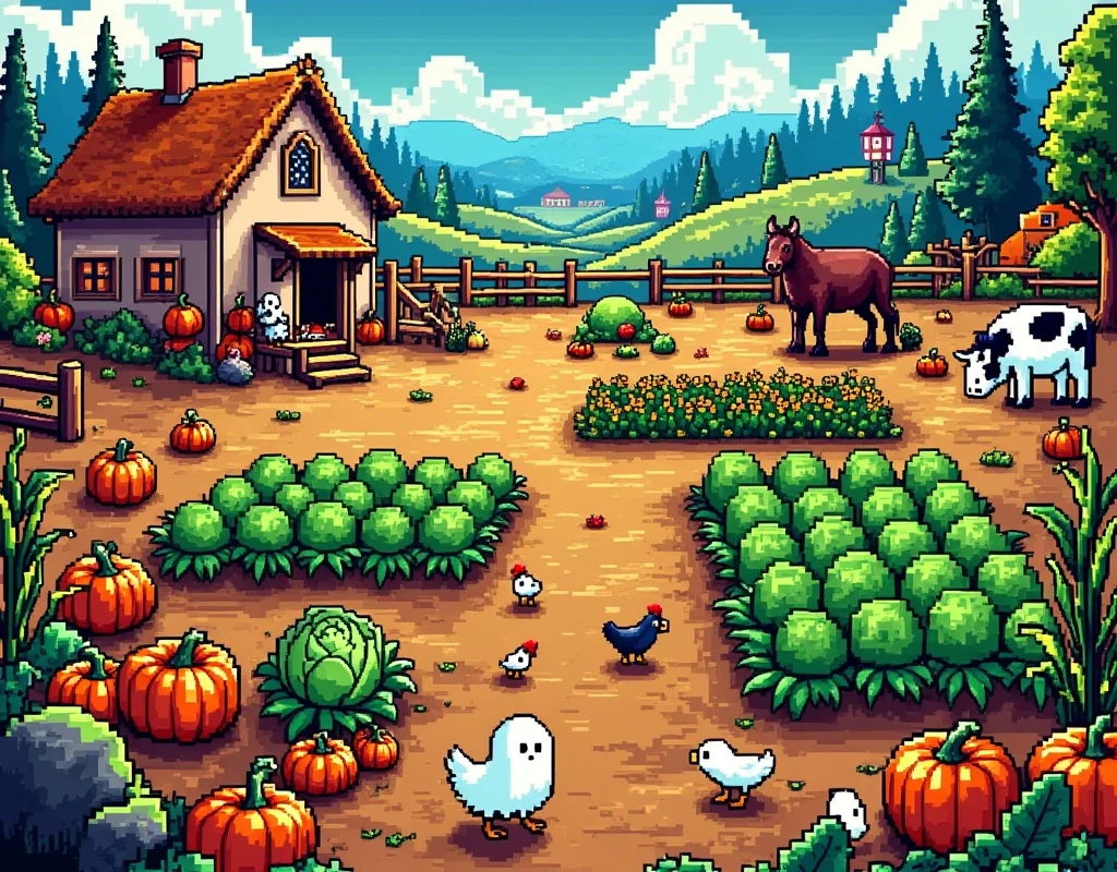 A picturesque landscape of a farm from a top-down perspective, reminiscent of the charming pixel art style seen in the popular video game Stardew Valley. The scene is set during the day, with a bright and clear sky overhead. In the foreground, a variety of vibrant crops are neatly organized in rows: plump pumpkins, tall corn stalks, and lush green cabbage. Scattered around are some farm animals: a few chickens pecking at the ground, cows grazing slightly off to the side, and a faithful brown workhorse near a rustic wooden barn. To the far left, a quaint farmhouse with a thatched roof is seen amidst the beautiful, pastoral surroundings.