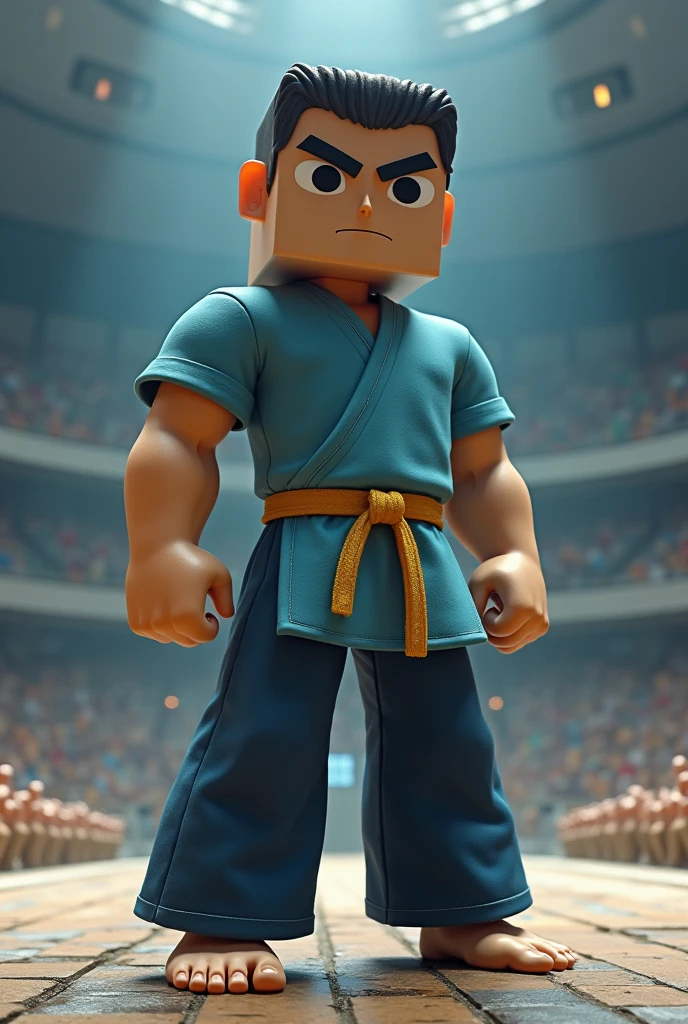 A cubic man without a nose with big black eyes brown hair a short sleeve shirt light blue with wide dark blue pants barefoot with a gold-colored martial arts belt wrapped seriously realistic standing, in a combat coliseum in outer space