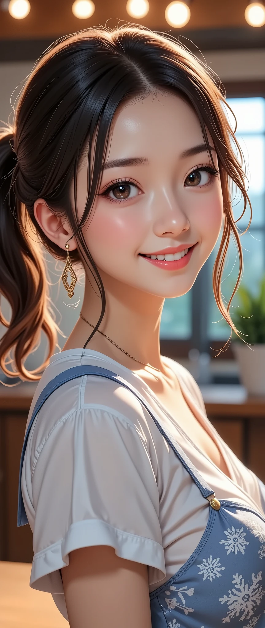  Japanese Girls,Young, cowboy shot,snowflake motif dress,beautiful detailed eyes ,Beautiful fine lips , very detailed eyes and face , long eyelashes ,smile, Open Your Mouth Wide , intricate detail, hyperrealistic ,4K,8k,High Resolution, masterpieces:1.2, super detailed, real, photorealistic, photorealistic:1.37,HDR,UHD, studio lighting,ultra-miniature painting, sharp focus , Physically Based Rendering ,Extreme detail, professional, bright color ,Bokeh, Portrait , soft warm lighting 