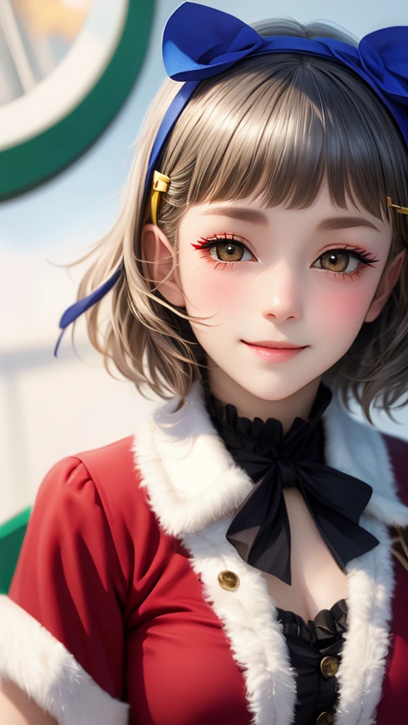 (((solo))), 1 woman, LOVELIVE! Sakuya Kurobane, sakuyaunif, kurobane_sakuya, short hair, grey hair, black hairband, blue hair flower, brown eyes, red eyeliner, chest, blush, smile, (upper body), santa claus