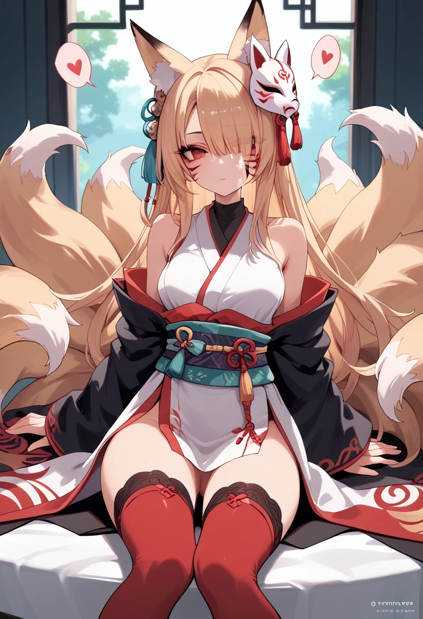  hair covers the eye, rpg, sperm,  bare shoulders are visible, 1 girl,  long golden hair, 4K,  red eyes , , fox ears, hair template ,   red stripes on face, black mascara, kimono , sleeveless, brassiere, 9 tails,  white stockings, Fox mask