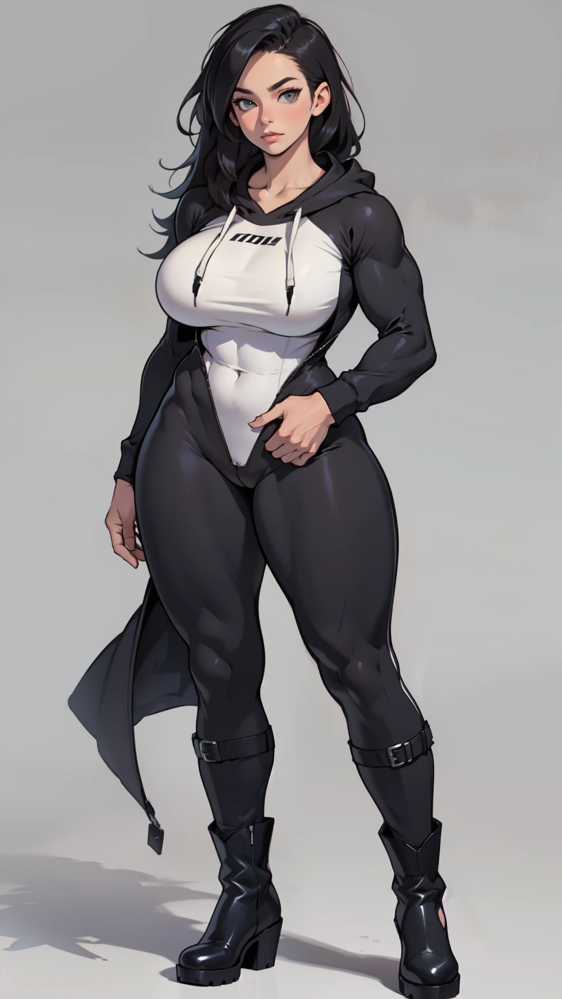 1girl muscular black hair very long hair grey eyes large breasts thick thighs hoodie big boots standing body suit mid riff full body
