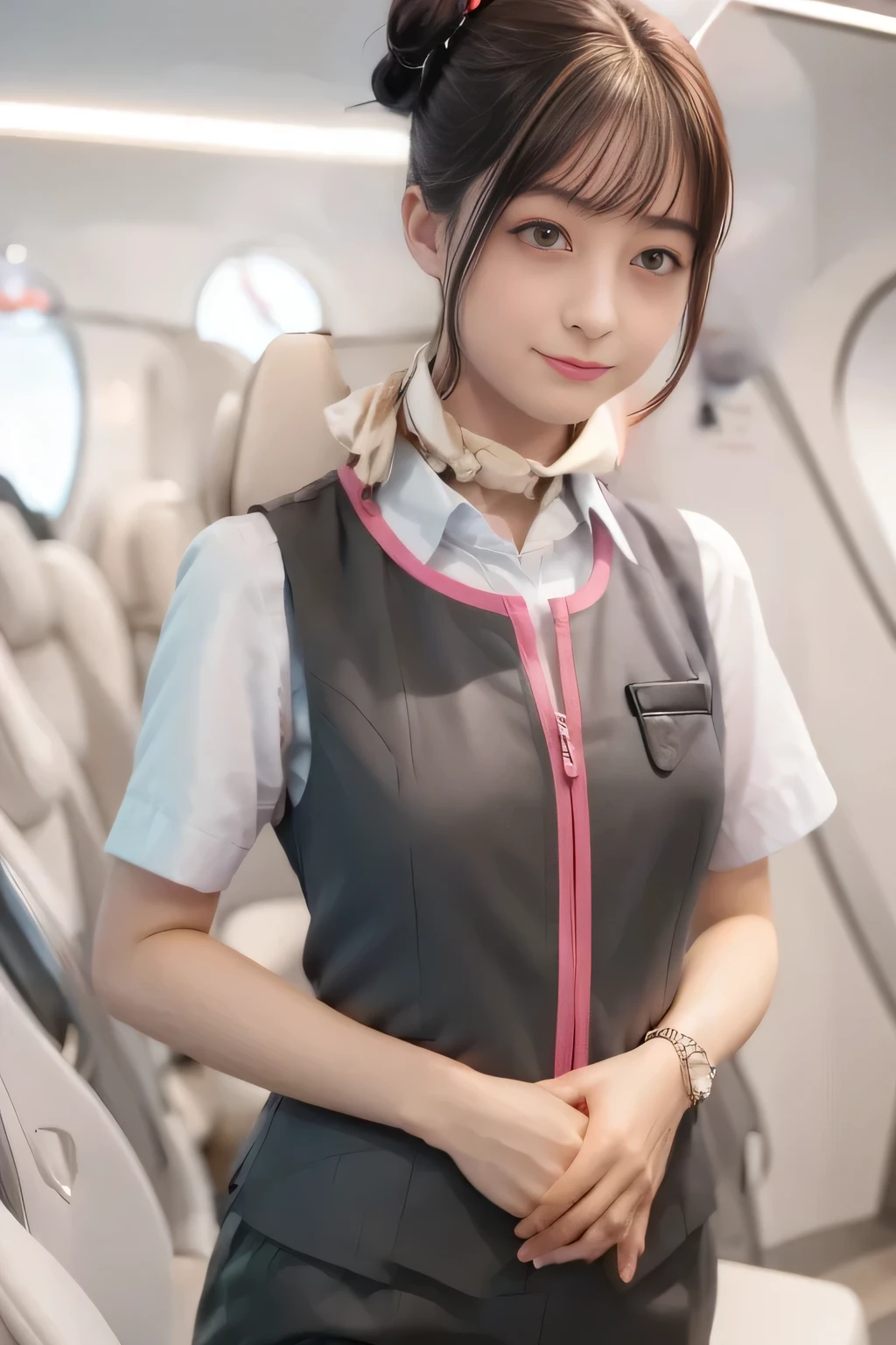 (masterpiece:1.2,  best quality:1.2), 32kHDR,  high definition , (Alone、 1 girl)、（Ride the bullet train 、 professional lighting）、Car interior background、（Realistic style of JR Gran Class crew wearing uniform）、Short sleeve blouse、Scarf around the neck、（ JR Gran Class crew uniform with pink parts on the sleeve of the skirt ）、（ JR Gran Class crew uniform with pink lines on the front zipper of the vest）、  lots of dark brown hair 、（Hair tied up、 bun hair、bread）、  lots of dark brown hair 、Long Hit、Big Breasts、（（：2.0）），（（ Harmonious Body Proportions ：1.5）），（（Normal limbs：2.0）），（（Usually refers to：2.0）），（（ delicate eyes ：2.0）），（（Normal eyes：2.0））)、 a luxurious necklace 、smile、Beautiful position,Place your hands around your stomach