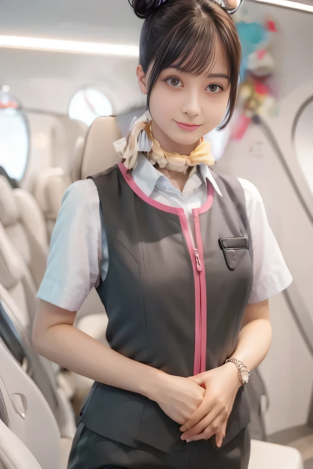 (masterpiece:1.2,  best quality:1.2), 32kHDR,  high definition , (Alone、 1 girl)、（Ride the bullet train 、 professional lighting）、Car interior background、（Realistic style of JR Gran Class crew wearing uniform）、Short sleeve blouse、Scarf around the neck、（ JR Gran Class crew uniform with pink parts on the sleeve of the skirt ）、（ JR Gran Class crew uniform with pink lines on the front zipper of the vest）、  lots of dark brown hair 、（Hair tied up、 bun hair、bread）、  lots of dark brown hair 、Long Hit、Big Breasts、（（：2.0）），（（ Harmonious Body Proportions ：1.5）），（（Normal limbs：2.0）），（（Usually refers to：2.0）），（（ delicate eyes ：2.0）），（（Normal eyes：2.0））)、 a luxurious necklace 、smile、Beautiful position,Place your hands around your stomach