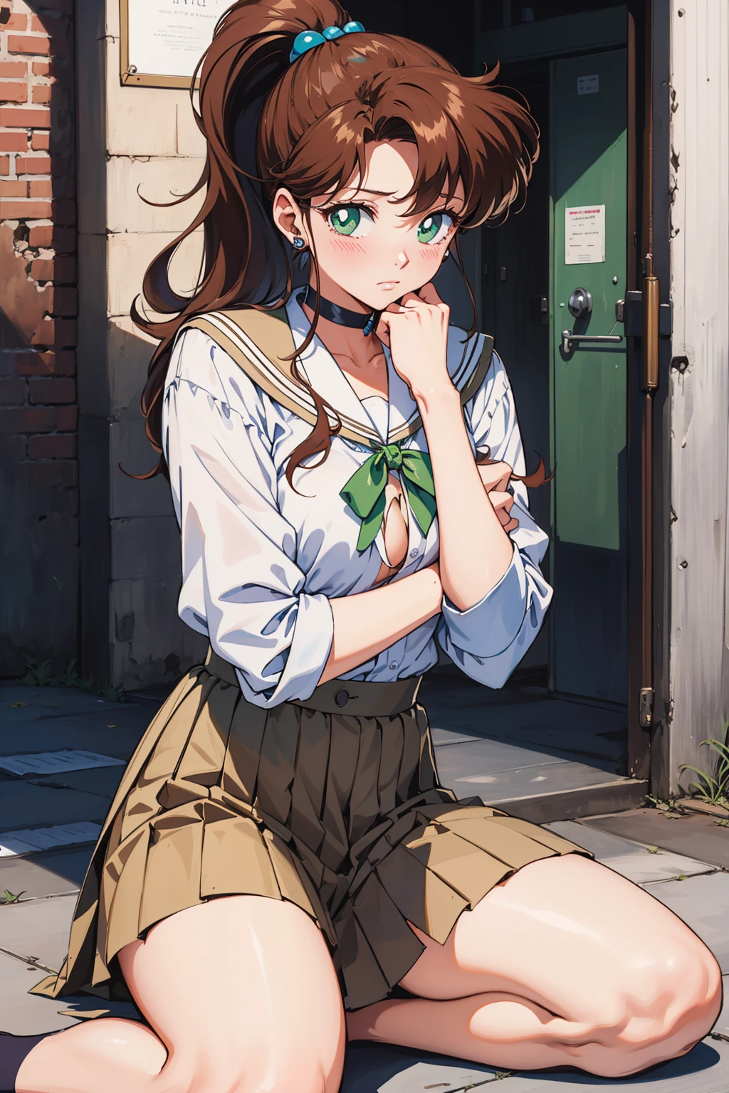 Best Quality,  high resolution on down, 1990s \( style \), retro art style , 1990s anime cels  style , Brown uniform,  brown pleated skirt ,  ponytail,In the schoolyard、Light green eyes、  sitting on the floor with her knees open ,  ponytail, (Torn clothes、)、Dynamic、Ruins where Fighting 、Torture scene、 torture room、Woman being tortured、tears、blush、 sad