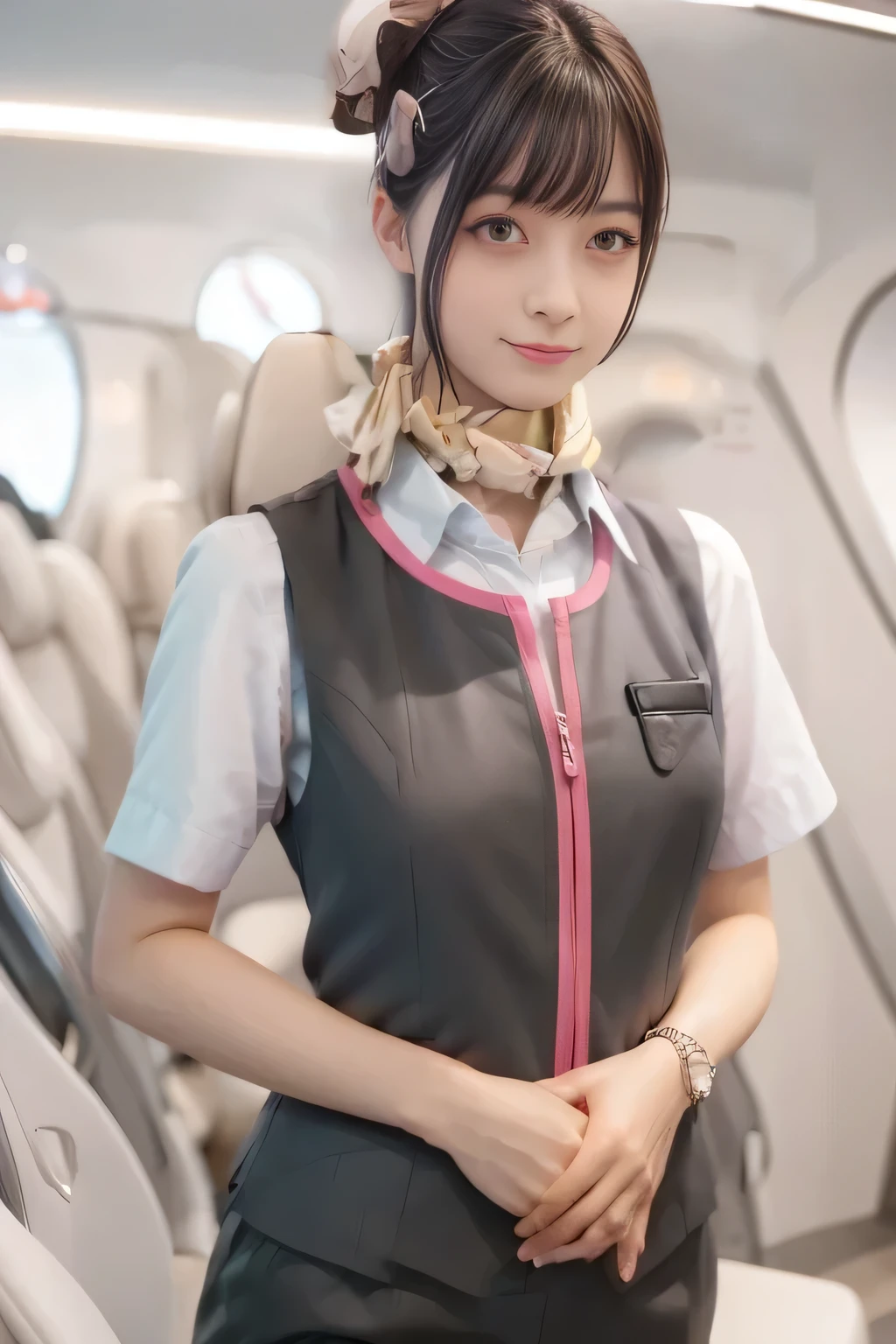 (masterpiece:1.2,  best quality:1.2), 32kHDR,  high definition , (Alone、 1 girl)、（Ride the bullet train 、 professional lighting）、Car interior background、（Realistic style of JR Gran Class crew wearing uniform）、Short sleeve blouse、Scarf around the neck、（ JR Gran Class crew uniform with pink parts on the sleeve of the skirt ）、（ JR Gran Class crew uniform with pink lines on the front zipper of the vest）、  lots of dark brown hair 、（Hair tied up、 bun hair、bread）、  lots of dark brown hair 、Long Hit、Big Breasts、（（：2.0）），（（ Harmonious Body Proportions ：1.5）），（（Normal limbs：2.0）），（（Usually refers to：2.0）），（（ delicate eyes ：2.0）），（（Normal eyes：2.0））)、 a luxurious necklace 、smile、Beautiful position,Place your hands around your stomach