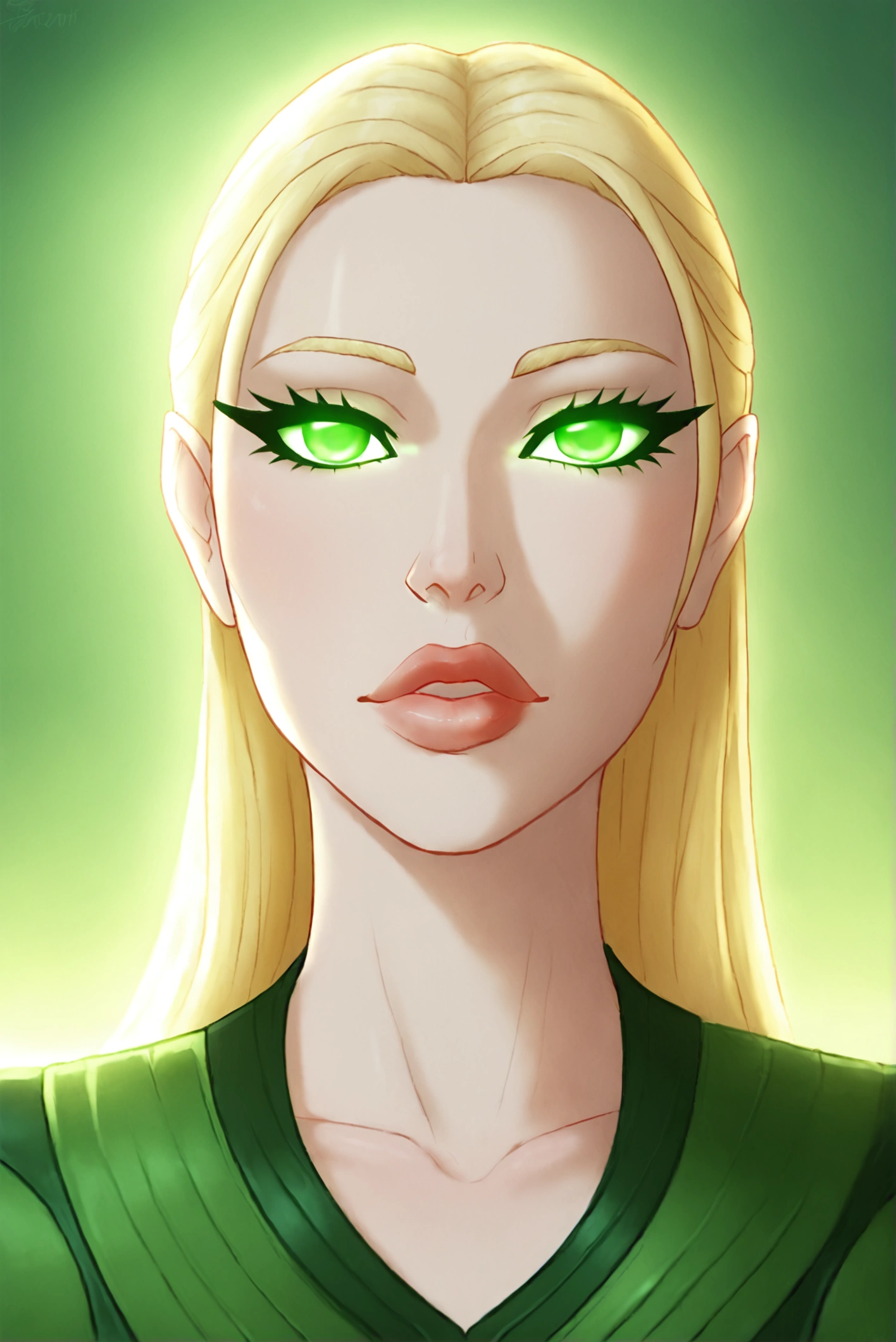 A 15-year-old girl with long blonde hair, beautiful detailed eyes, beautiful detailed lips, extremely detailed face, long eyelashes, wearing a black and green costume, standing in an alien landscape with glowing crystals, advanced alien technology, cinematic lighting, dramatic poses, epic sci-fi, vibrant colors, cinematic lighting