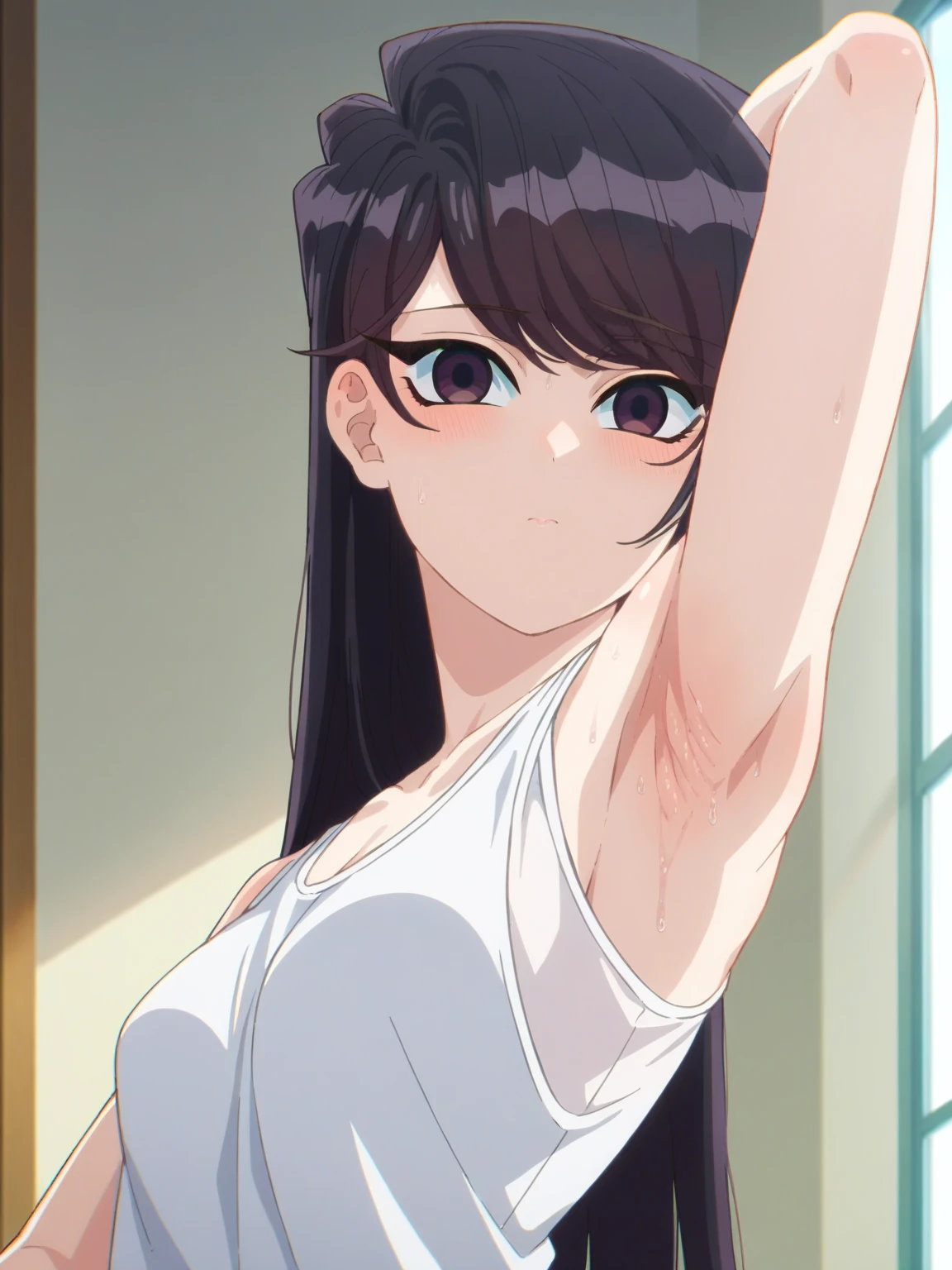 score_9, score_8_up, score_7_up, source_anime, anime screencap, 1girl, solo, indoors, day, Komi Shouko, purple eyes, black hair, long hair, bangs, medium breasts, black tanktop, bare shoulders, bare arms, looking at viewer, eye contact with viewer, head towards viewer, flat face, closed mouth, arm behind head, armpit, armpit up close, close-up of armpit, from side, from below, detailed armpits, sweaty armpits