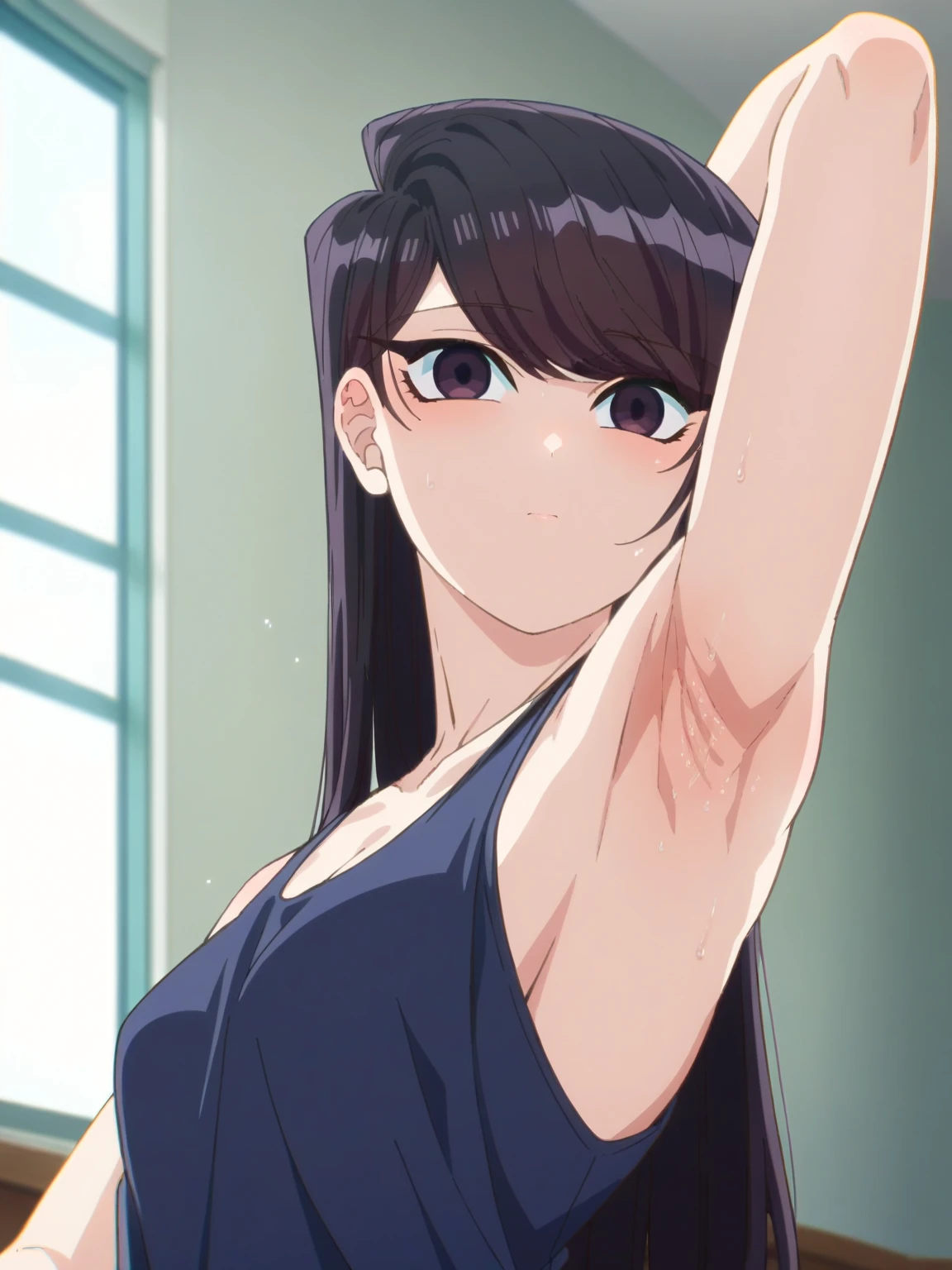 score_9, score_8_up, score_7_up, source_anime, anime screencap, 1girl, solo, indoors, day, Komi Shouko, purple eyes, black hair, long hair, bangs, medium breasts, black tanktop, bare shoulders, bare arms, looking at viewer, eye contact with viewer, head towards viewer, flat face, closed mouth, arm behind head, armpit, armpit up close, close-up of armpit, from side, from below, detailed armpits, sweaty armpits