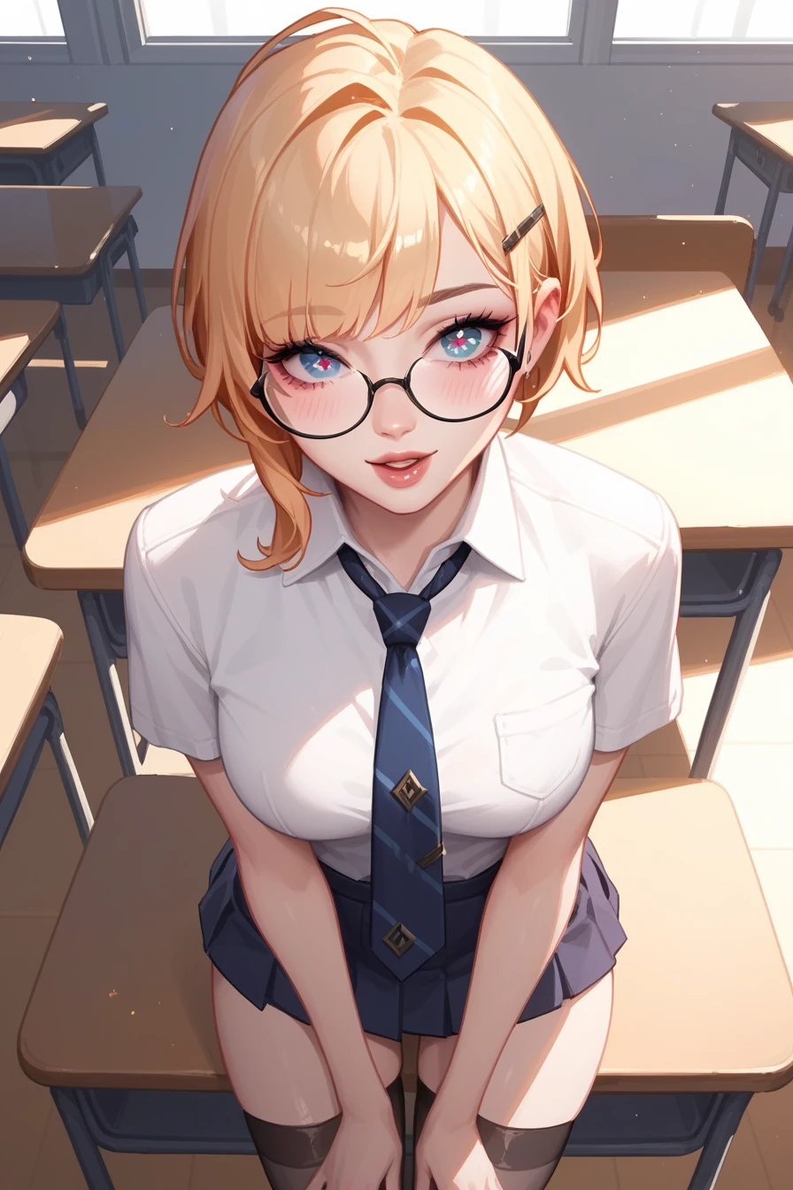 Above angle, anime, naughty girl like Gwen, arrogant facial, necktie, glasses, in the classroom, evening light, (LOL-series)