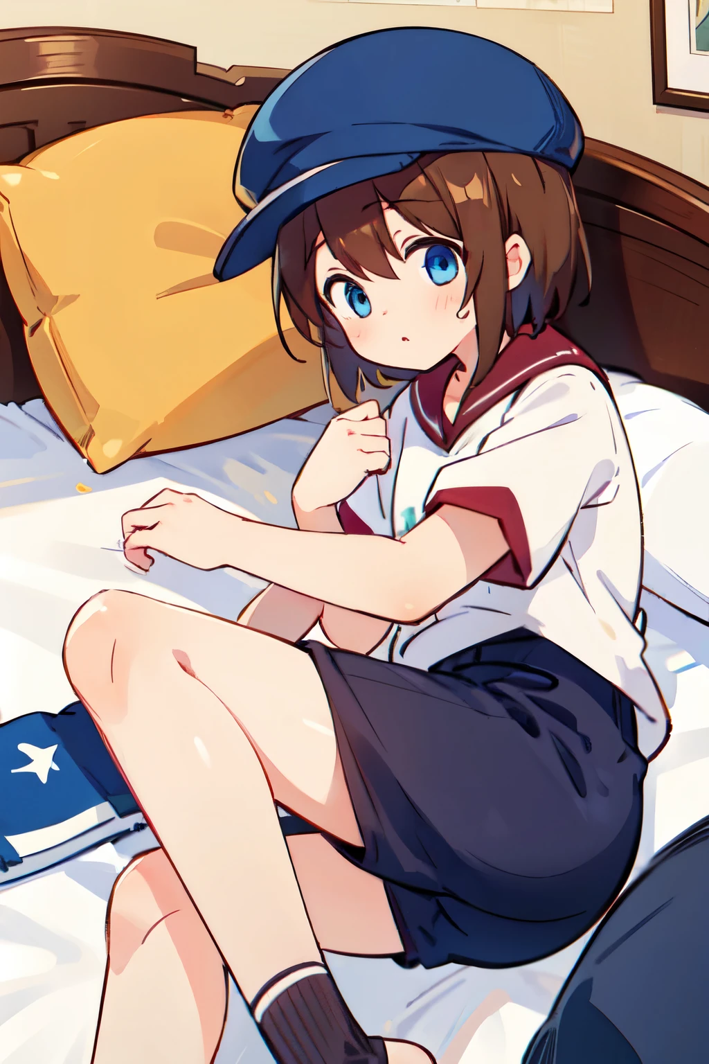 Helga Haruka,  blue eyes,  brown hair,  short hair on the side of the uniform, Brown Hat,Gym clothes， 1 girl， love hotel bed