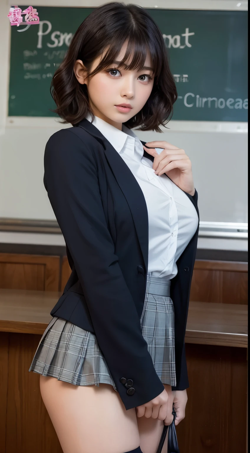 (8K, RAW Photos, Highest quality, masterpiece:1.2), (professional photography, full colors, studio-caliber color grading), (Gravure quality for high-end fashion magazines), (Details High quality, realistic depiction of eyes:1.3), from side, High School Classroom、High school girl uniform、blazer 、Super Short Check Uniform Skirt、Navy blue high socks、garterbelts、Colossal tits、Disturbed uniform, short hair, (wavy hair:1.2), short bob hair, black hair color, large breasts, Big Natural Color Lip, bold sexy pose, (perfect body shape), crying a little、cold gaze, Harajuku style、20 year old girl、cute type, beautiful legs, hposing Gravure Idol, Voluptuous thighs