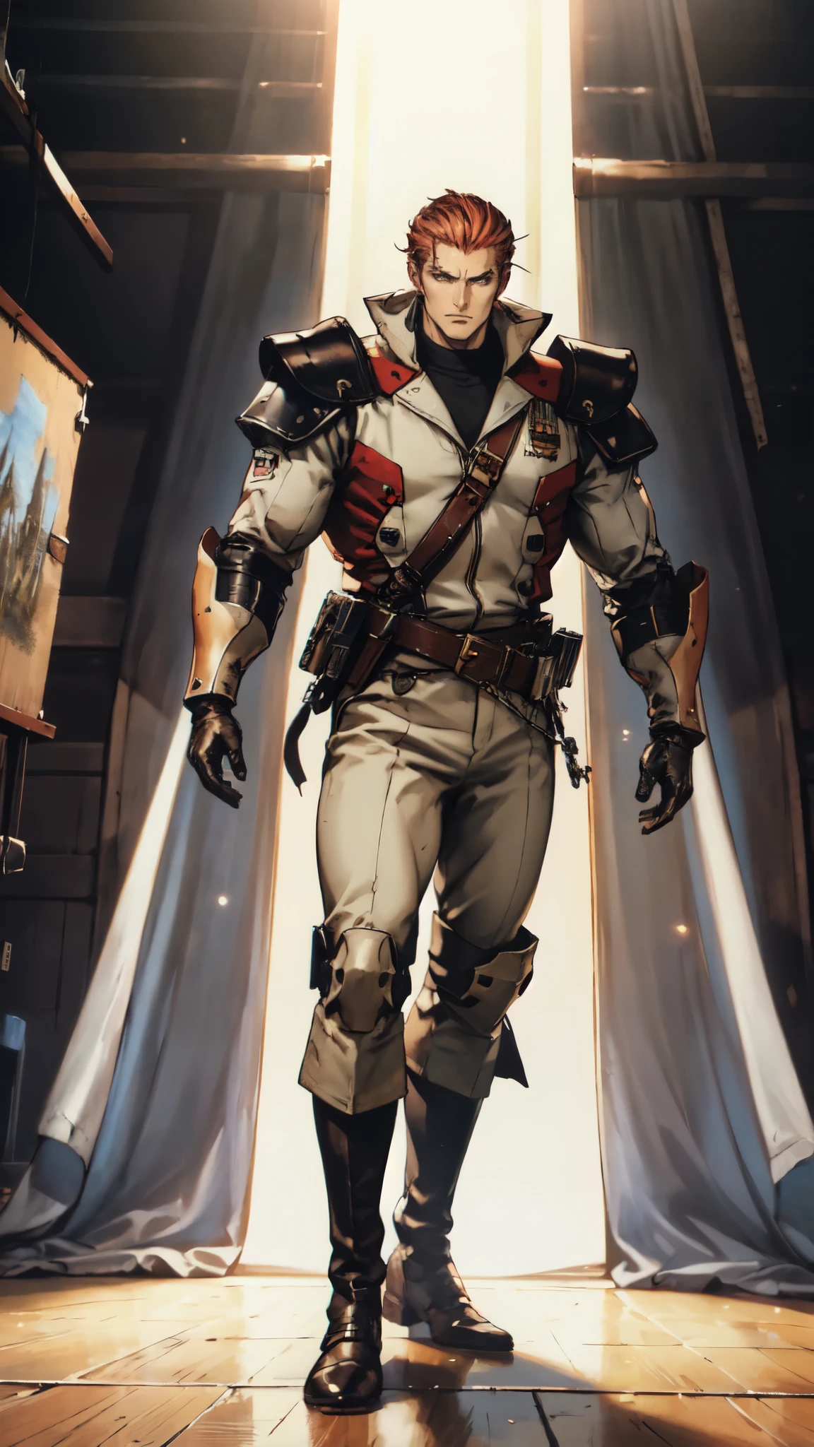 (masterpiece:1.2, best quality:1.2, extremely delicate:1.2), ((male:1.5)), a man with slicked-back short disheveled red-gold hair, cold and ruthless gaze, confident expression, a two piece futuristic-style military dress uniform, primarily white and red with yellow accents, streamlined wristguard gloves, metal shoulder pads, metal belt, matching trousers, long combat boots, stands within a futuristic sci-fi hangar, there's a giant mecha behind, this character embodies a finely crafted futuristic military officer in anime style, exquisite and mature oil painting art style, dramatic, high definition, highres, ultra-detailed, ultra-fine painting, professional, perfect body proportions, golden ratio, anatomically correct, symmetrical face, extremely detailed eyes and face, high quality eyes, creativity, RAW photo, UHD, 32k, Natural light, cinematic lighting, (masterpiece-anatomy-perfect:1.2)