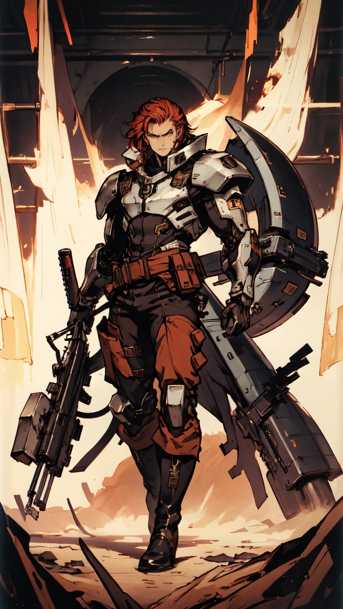 (masterpiece:1.2, best quality:1.2, extremely delicate:1.2), ((male:1.5)), a man with slicked-back short disheveled red-gold hair, cold and ruthless gaze, confident expression, a two piece futuristic-style military dress uniform, primarily white and red with yellow accents, streamlined wristguard gloves, metal shoulder pads, metal belt, matching trousers, long combat boots, stands within a futuristic sci-fi hangar, there's a giant mecha behind, this character embodies a finely crafted futuristic military officer in anime style, exquisite and mature oil painting art style, dramatic, high definition, highres, ultra-detailed, ultra-fine painting, professional, perfect body proportions, golden ratio, anatomically correct, symmetrical face, extremely detailed eyes and face, high quality eyes, creativity, RAW photo, UHD, 32k, Natural light, cinematic lighting, (masterpiece-anatomy-perfect:1.2)