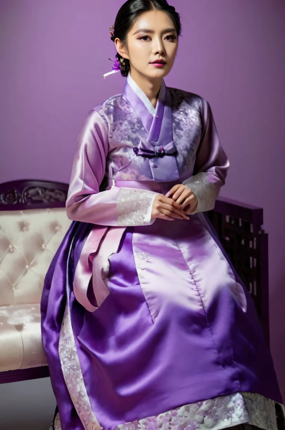 A Korean man in ladies victorian dresses, he is crossdresser, big breasts like a woman, slender female body, His hairstyle is short and manly, long sleeves, purple, hanbok dress, silk, satin, see-through jacket, full body shot, sit quietly