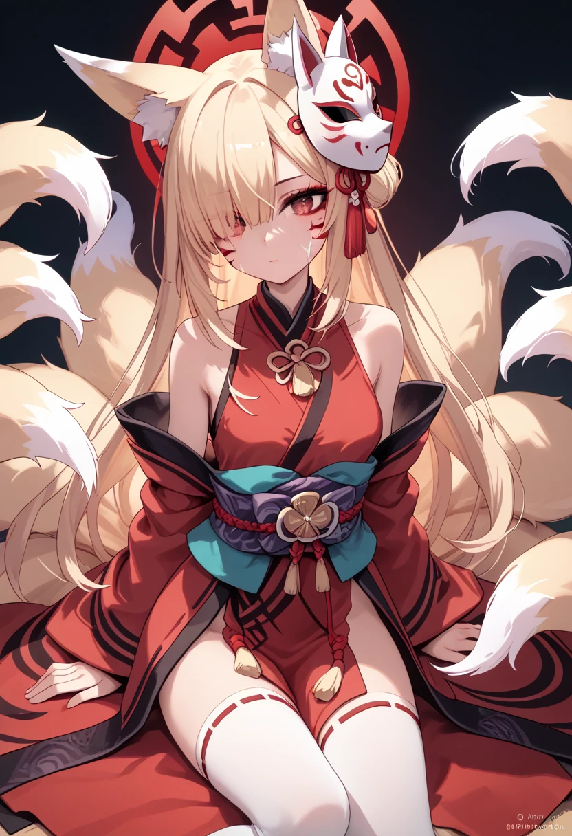  hair covers the eye, rpg, sperm,  bare shoulders are visible, 1 girl,  long golden hair, 4K,  red eyes , , fox ears, hair template ,   red stripes on face, black mascara, red kimono , sleeveless, brassiere, 9 tails,  white stockings, Fox mask, sweet girl, goddess