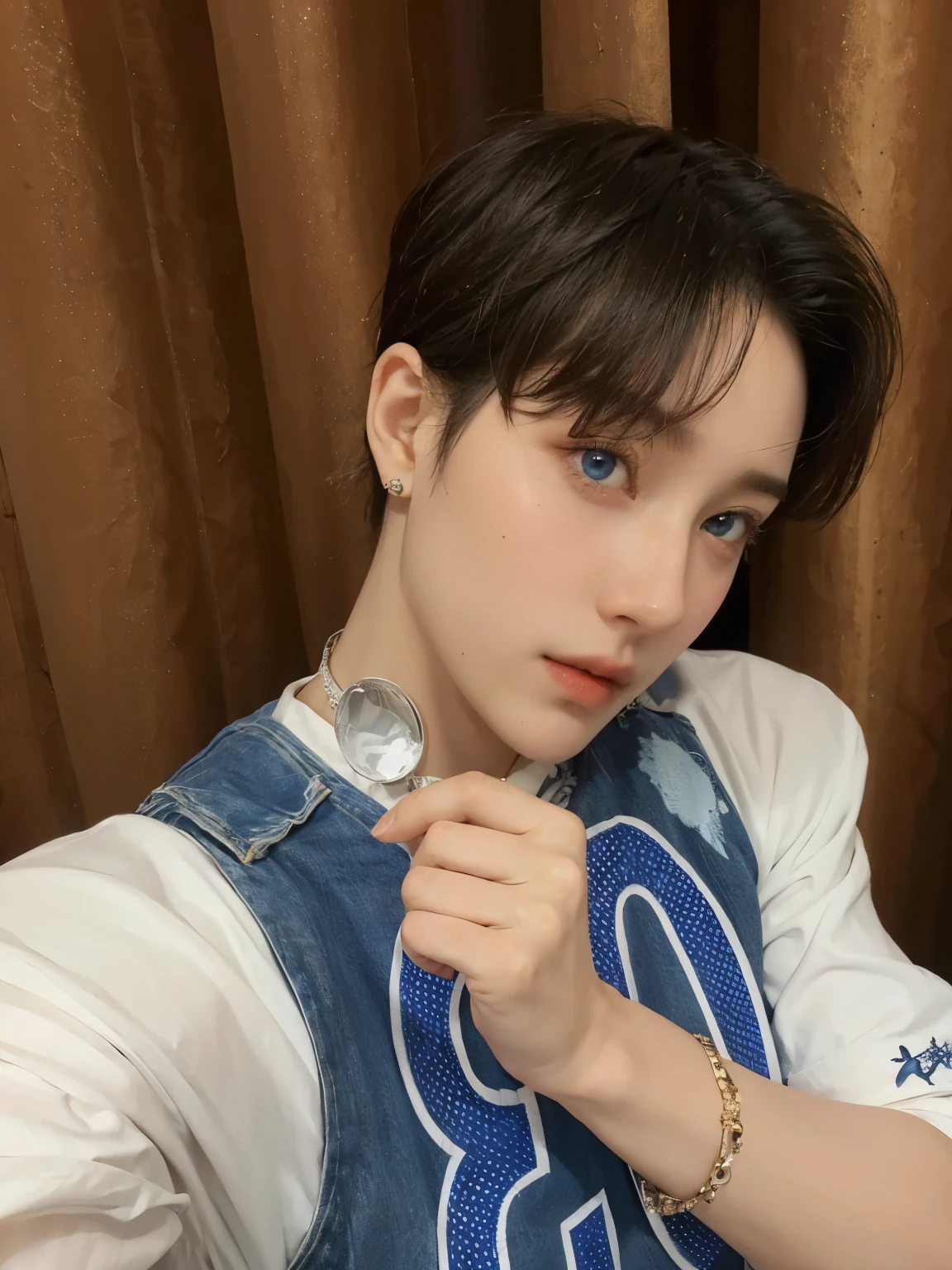 white-skinned young man, sky blue eyes and holding a strawberry. 