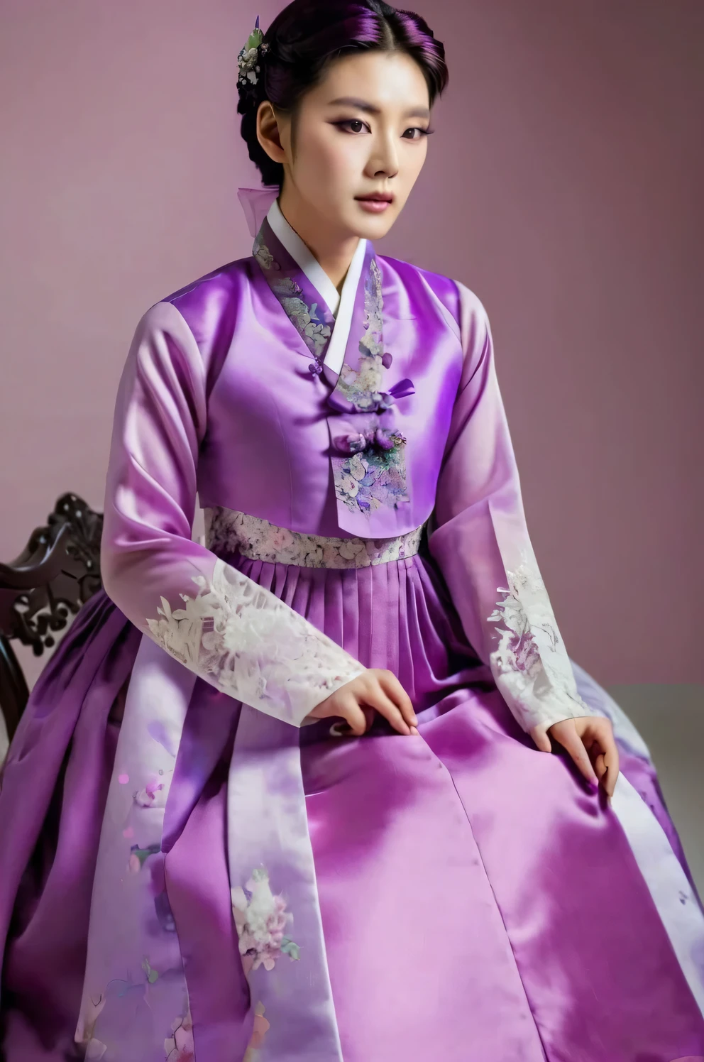 A Korean man in ladies victorian dresses, he is crossdresser, big breasts like a woman, slender female body, His hairstyle is short and manly, long sleeves, purple, hanbok dress, silk, satin, see-through jacket, full body shot, sit quietly