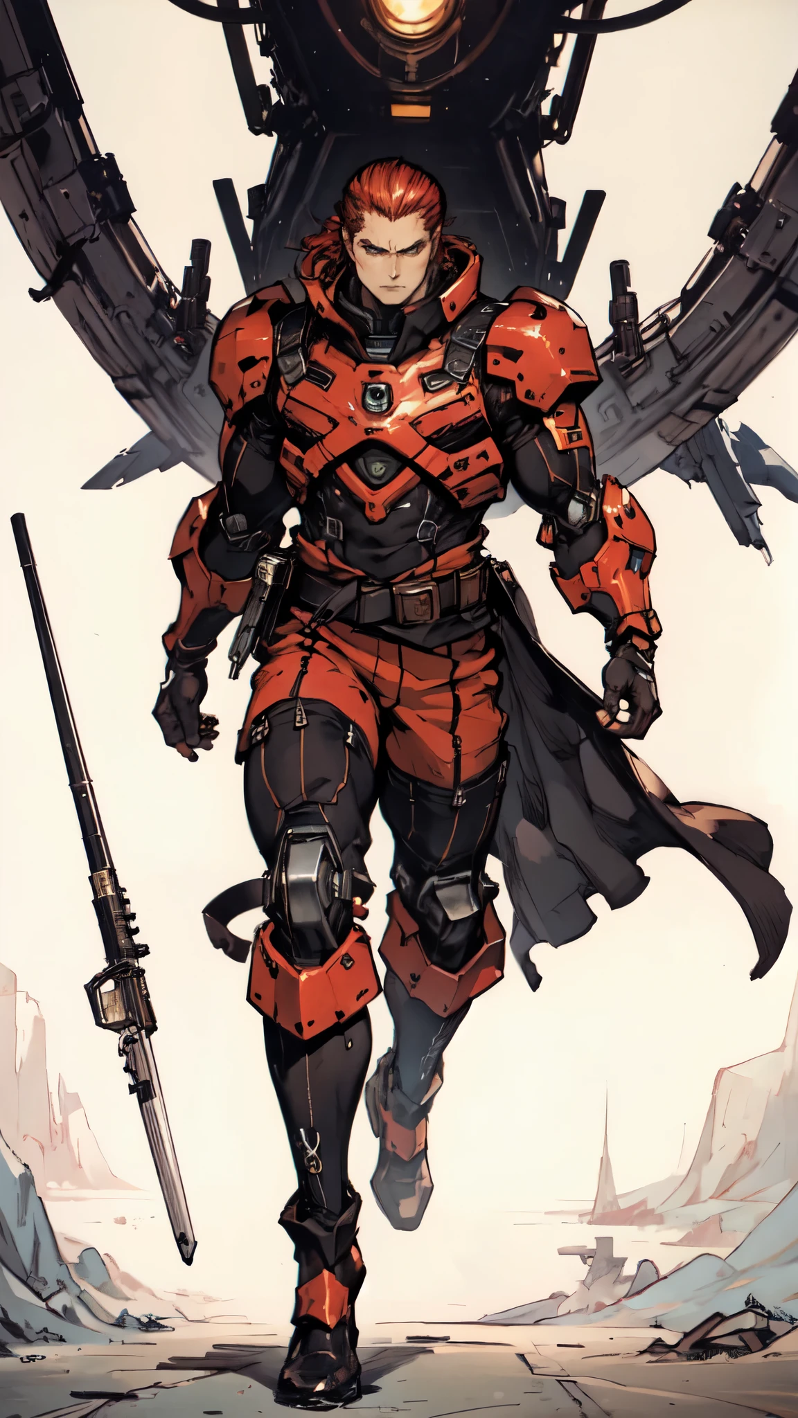 (masterpiece:1.2, best quality:1.2, extremely delicate:1.2), ((male:1.5)), a man with slicked-back short disheveled red-gold hair, cold and ruthless gaze, confident expression, a two piece futuristic-style military dress uniform, primarily white and red with yellow accents, streamlined wristguard gloves, metal shoulder pads, metal belt, matching trousers, long combat boots, stands within a futuristic sci-fi hangar, there's a giant mecha behind, this character embodies a finely crafted futuristic military officer in anime style, exquisite and mature oil painting art style, dramatic, high definition, highres, ultra-detailed, ultra-fine painting, professional, perfect body proportions, golden ratio, anatomically correct, symmetrical face, extremely detailed eyes and face, high quality eyes, creativity, RAW photo, UHD, 32k, Natural light, cinematic lighting, (masterpiece-anatomy-perfect:1.2)