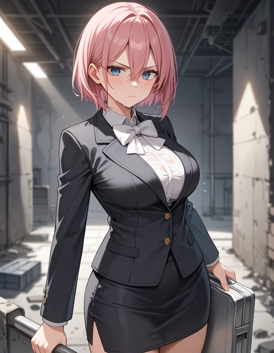 masterpiece, best quality, highres, mujina, solo, white gloves, necktie, purple shorts, short necktie, corset, purple necktie, light brown hair, short shorts, sleeveless, bangs, <lora:mujina_v2:0.7>, cowboy shot,