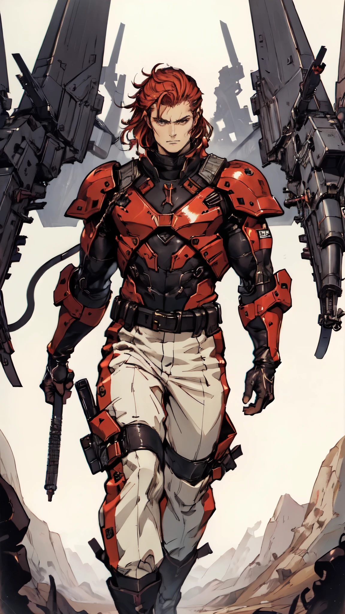 (masterpiece:1.2, best quality:1.2, extremely delicate:1.2), ((male:1.5)), a man with slicked-back short disheveled red-gold hair, cold and ruthless gaze, confident expression, a two piece futuristic-style military dress uniform, primarily white and red with yellow accents, streamlined wristguard gloves, metal shoulder pads, metal belt, matching trousers, long combat boots, stands within a futuristic sci-fi hangar, there's a giant mecha behind, this character embodies a finely crafted futuristic military officer in anime style, exquisite and mature oil painting art style, dramatic, high definition, highres, ultra-detailed, ultra-fine painting, professional, perfect body proportions, golden ratio, anatomically correct, symmetrical face, extremely detailed eyes and face, high quality eyes, creativity, RAW photo, UHD, 32k, Natural light, cinematic lighting, (masterpiece-anatomy-perfect:1.2)