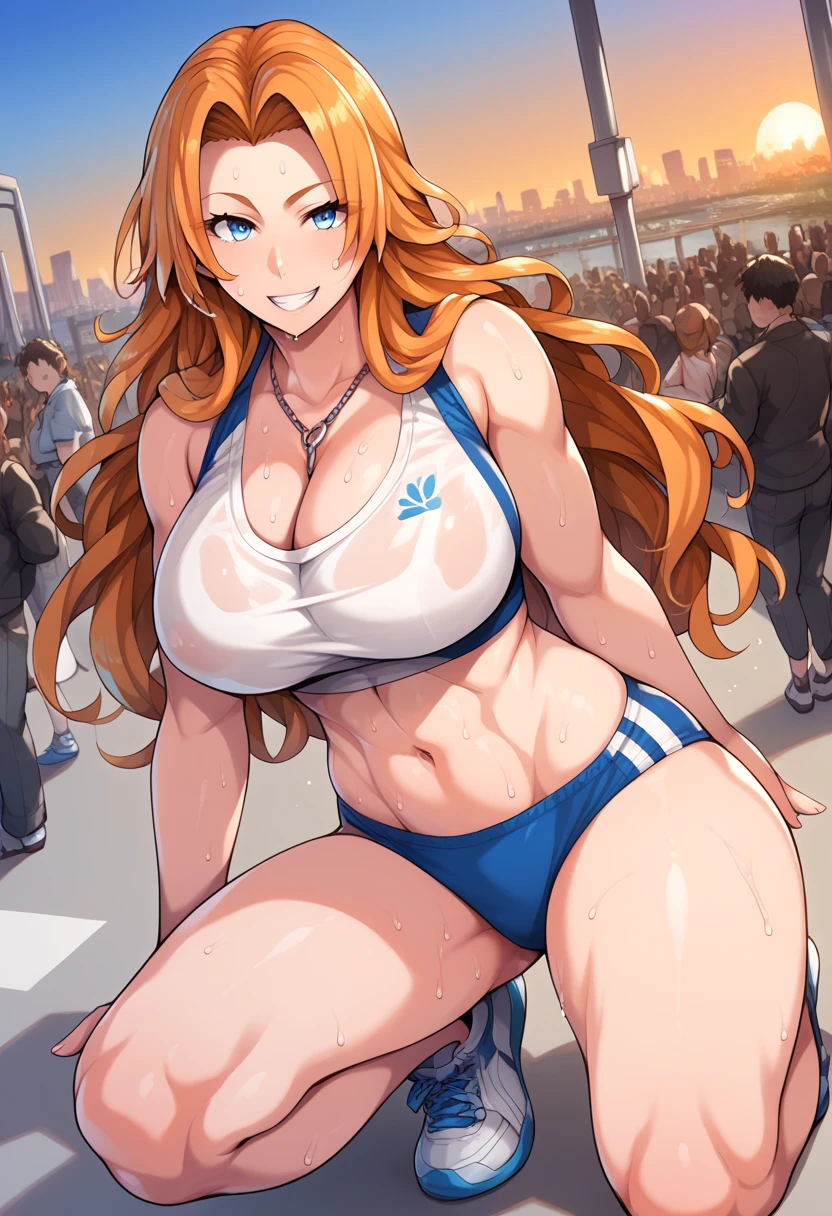 BREAK 1girl,Rangiku Matsumoto , long hair, blue eyes, orange hair, large breasts, sweat, sound effects, white gym cloth,navyblue buruma, white sox,sports shoes, looking at you, smile, BREAK score_9, score_8_up, score_7_up, score_6_up, source_anime BREAK (outdoor, huge crowd),city,sunset,