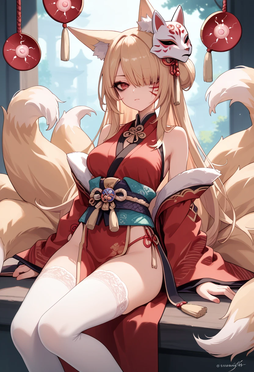  hair covers the eye, rpg, sperm,  bare shoulders are visible, 1 girl,  long golden hair, 4K,  red eyes , , fox ears, hair template ,   red stripes on face, black mascara, red kimono , sleeveless, brassiere, 9 tails,  white stockings, Fox mask, sweet girl, goddess, Geisha, prostitute