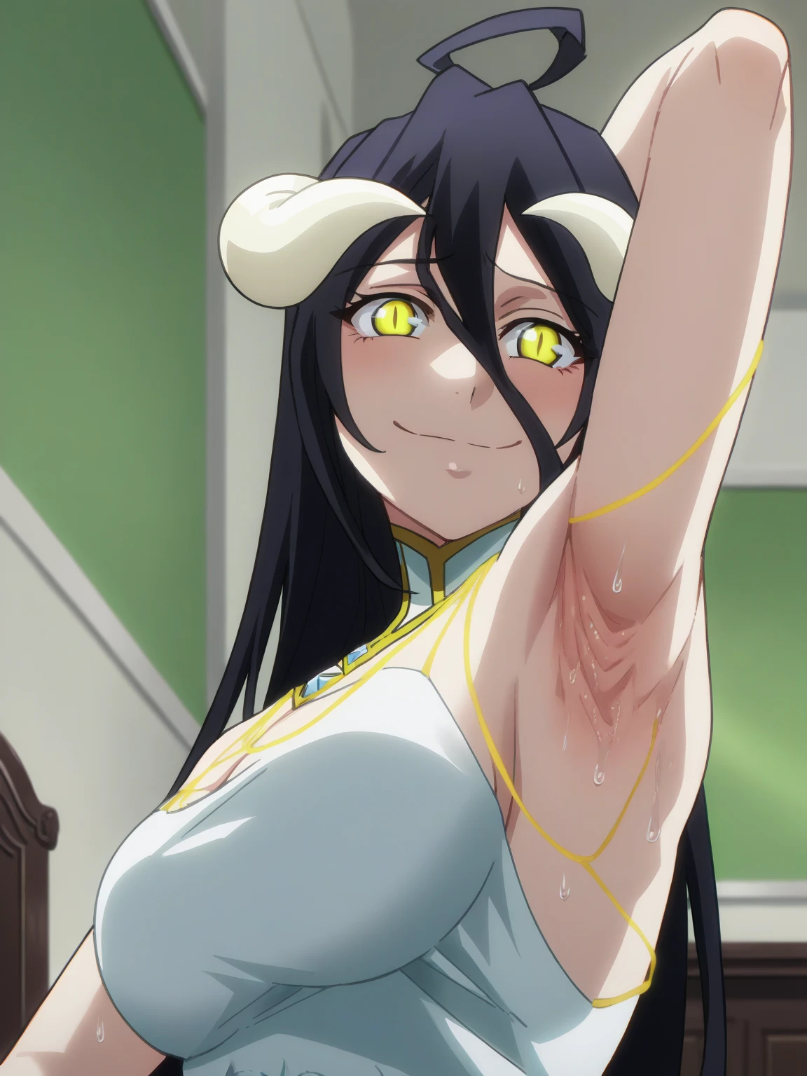 score_9, score_8_up, score_7_up, source_anime, anime screencap, 1girl, solo, indoors, day, albedo, yellow eyes, black hair, long hair, white horn, large breasts, white dress, bare shoulders, bare arms, looking at viewer, eye contact with viewer, head towards viewer, smile, (smug:0.9), closed mouth, arm behind head, armpit, armpit up close, close-up of armpit, from side, from below, detailed armpits, sweaty armpits