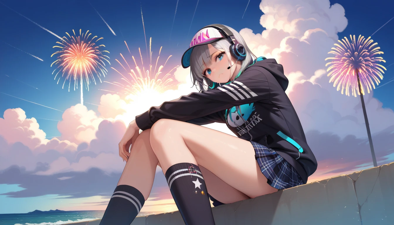 Highest quality: 1.2, Highly detailed, Latest, Vibrant, Masterpiece: 1.2, Highest quality, Best aesthetic, Top quality, Fantastic, Fireworks, Ocean, Clouds, Big sunset, 1 girl, ((Zoom in from below)), Gray hair, Headphones, Knit cap, Hoodie, Skirt. Sad expression, Sitting, Knee-high socks.