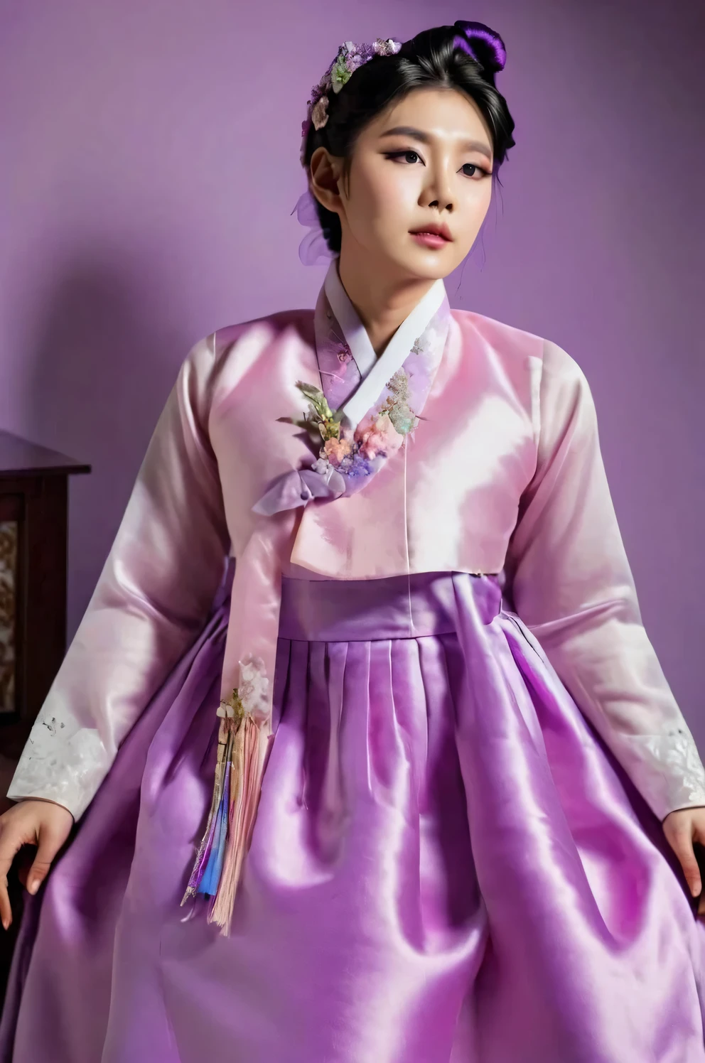 A Korean man in ladies victorian dresses, he is crossdresser, big breasts like a woman, slender female body, His hairstyle is short and manly, long sleeves, purple, hanbok dress, silk, satin, see-through jacket, full body shot, sit quietly