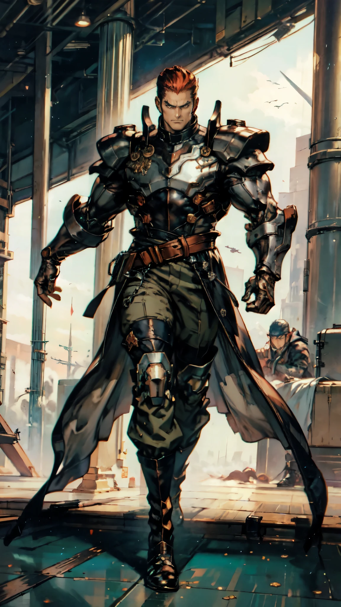 (masterpiece:1.2, best quality:1.2, extremely delicate:1.2), ((male:1.5)), a man with slicked-back short disheveled red-gold hair, cold and ruthless gaze, confident expression, a two piece futuristic-style military dress uniform, primarily white and red with yellow accents, streamlined wristguard gloves, metal shoulder pads, metal belt, matching trousers, long combat boots, stands within a futuristic sci-fi hangar, there's a giant mecha behind, this character embodies a finely crafted futuristic military officer in anime style, exquisite and mature oil painting art style, dramatic, high definition, highres, ultra-detailed, ultra-fine painting, professional, perfect body proportions, golden ratio, anatomically correct, symmetrical face, extremely detailed eyes and face, high quality eyes, creativity, RAW photo, UHD, 32k, Natural light, cinematic lighting, (masterpiece-anatomy-perfect:1.2)