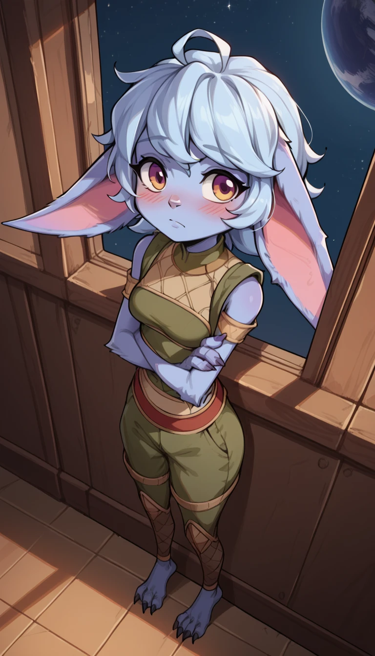 score_9, score_8_above, score_7_above,  best quality, masterpiece, lulu, ( absurdly high resolution :1.4), from the side, (short, diminutive, has sorte), yordle, (Humanoide, light lilac skin, purple eyes, (Long Ears, horizontal ears ), Long Ears e horizontais de yordle, claws,  female), Futuristic suit, bare feet, , adorable, thin, Tune, (Hair, fluffy Hair,),  Big breasts ,  sleepy expression , blush lines, submissive), Alone,  spaceship configuration , window, night sky, expressive, Young, expressive, Outer space, Matching clothes, Fix arms,