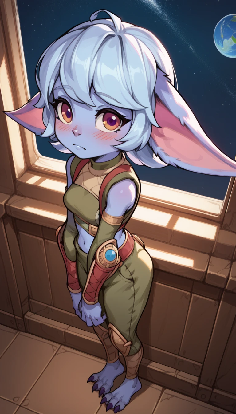 score_9, score_8_above, score_7_above,  best quality, masterpiece, lulu, ( absurdly high resolution :1.4), from the side, (short, diminutive, has sorte), yordle, (Humanoide, light lilac skin, purple eyes, (Long Ears, horizontal ears ), Long Ears e horizontais de yordle, claws,  female), Futuristic suit, bare feet, , adorable, thin, Tune, (Hair, fluffy Hair,),  Big breasts ,  sleepy expression , blush lines, submissive), Alone,  spaceship configuration , window, night sky, expressive, Young, expressive, Outer space, Matching clothes, Fix arms,