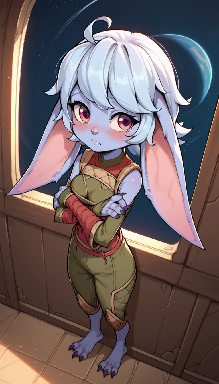 score_9, score_8_above, score_7_above,  best quality, masterpiece, lulu, ( absurdly high resolution :1.4), from the side, (short, diminutive, has sorte), yordle, (Humanoide, light lilac skin, purple eyes, (Long Ears, horizontal ears ), Long Ears e horizontais de yordle, claws,  female), Futuristic suit, bare feet, , adorable, thin, Tune, (Hair, fluffy Hair,),  Big breasts ,  sleepy expression , blush lines, submissive), Alone,  spaceship configuration , window, night sky, expressive, Young, expressive, Outer space, Matching clothes, Fix arms,