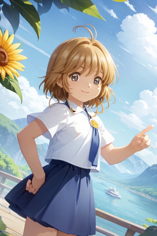 Highest quality,masterpiece,12 years old,smile,School,corridor,squat, Outdoor, Upper Body, 顔 focus,Brown Hair, short hair, ponytail,Sunflower hair fastening, blue eyes, Flat Chest,((Lori)),Muddy,Breast flash,Panty shot