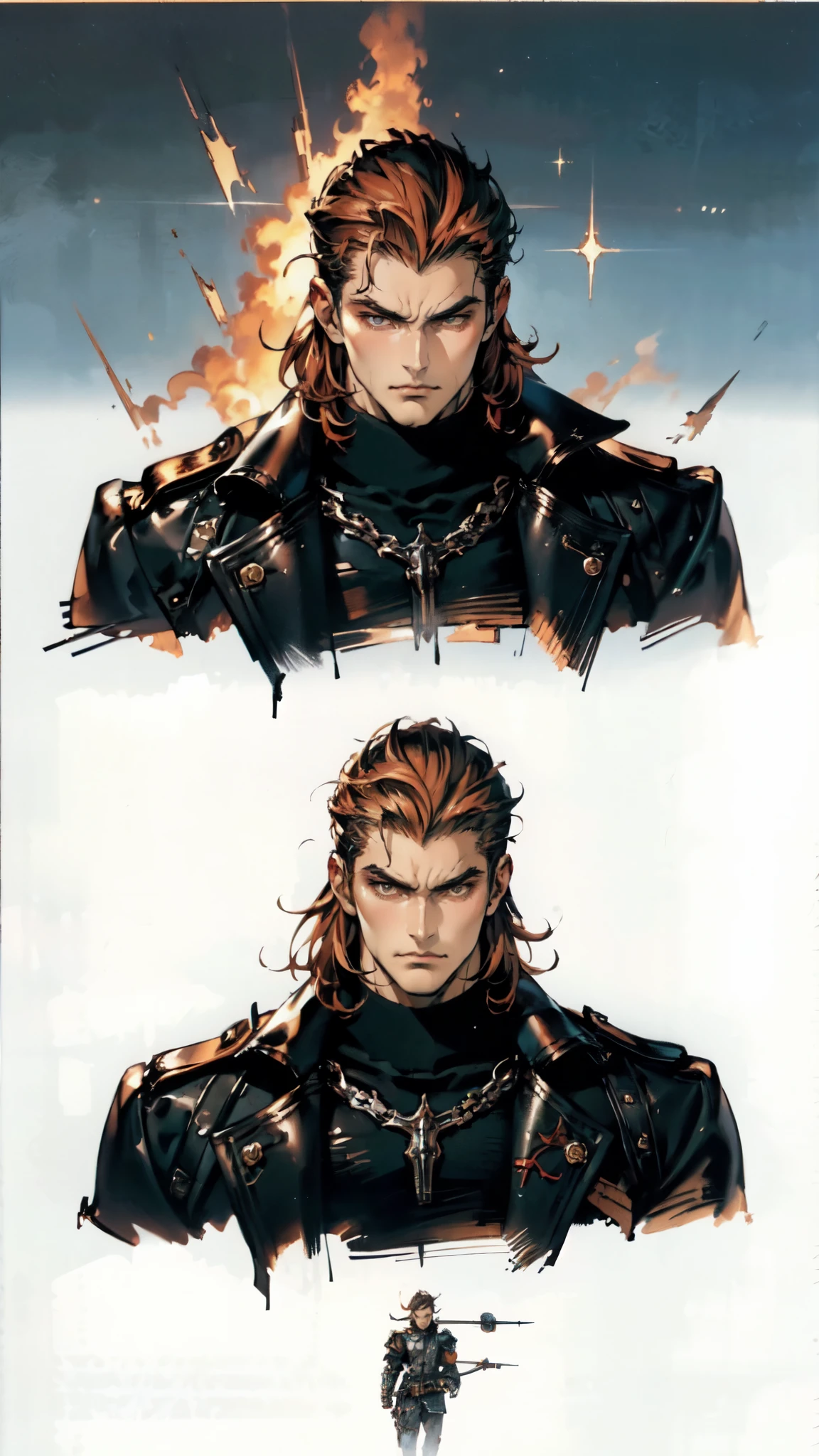 (masterpiece:1.2, best quality:1.2, extremely delicate:1.2), ((male:1.5)), a man with slicked-back short disheveled red-gold hair, cold and ruthless gaze, confident expression, a two piece futuristic-style military dress uniform, primarily white and red with yellow accents, streamlined wristguard gloves, metal shoulder pads, metal belt, matching trousers, long combat boots, stands within a futuristic sci-fi hangar, there's a giant mecha behind, this character embodies a finely crafted futuristic military officer in anime style, exquisite and mature oil painting art style, dramatic, high definition, highres, ultra-detailed, ultra-fine painting, professional, perfect body proportions, golden ratio, anatomically correct, symmetrical face, extremely detailed eyes and face, high quality eyes, creativity, RAW photo, UHD, 32k, Natural light, cinematic lighting, (masterpiece-anatomy-perfect:1.2)