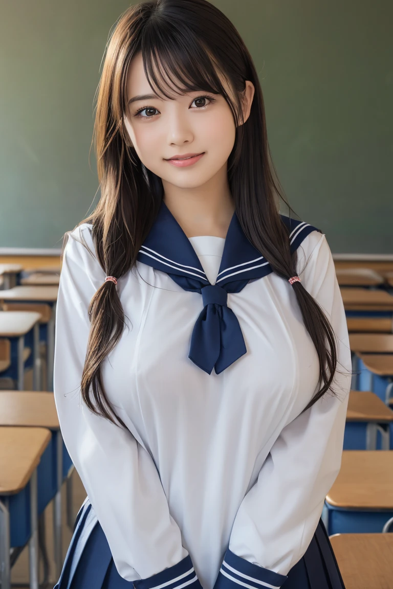 (reality: 1.4),Highest quality, masterpiece, High detail, 16K quality, beautiful, 1 beautiful girl,Japanese,super beautiful face,Baby Face,Japanese idol face,Cute face,Highly detailed face,Fine hand,beautiful skin,Oily skin,Big eyes,Professional Lighting,Medium Hair,Black Hair,brown beautiful eyes, Big smile,Are standing, (Skirt flip),Big Breasts,(Sailor suit),(Check skirt),White panties,(Showing panties),Black high socks,Spread your legs, She is looking at the camera,classroom, Browsing Caution,From below,