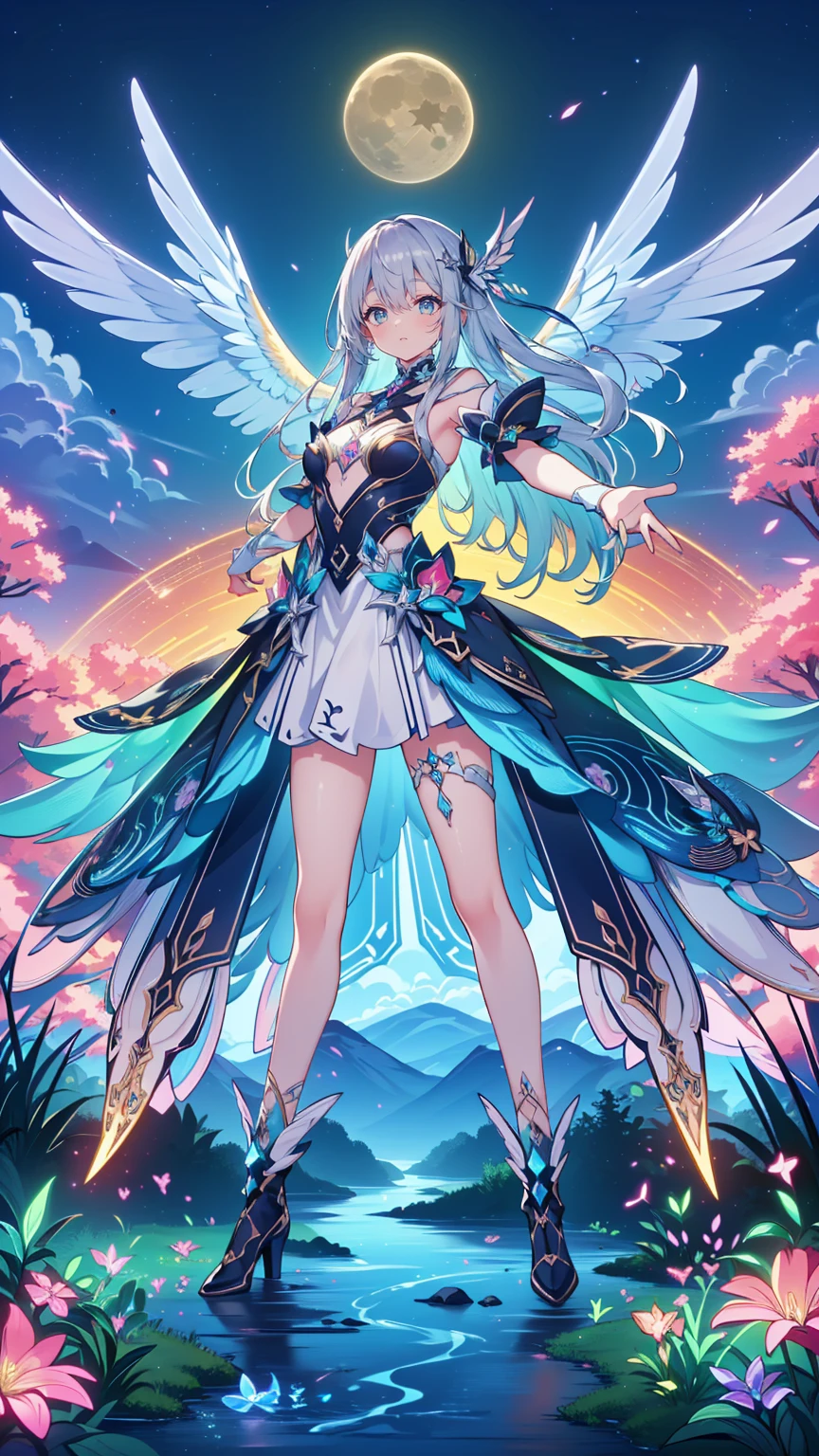 (Full body, perfect 2 arms, perfect 2 legs: 1.4)(cat ear:1.4),6 Angel wings , lunar goddess, astral fairy, Girl in futuristic costume、nffsw、Glowing gadgets、full body Esbian、Utopian metropolis、AJC Helmet、AJC Armor、Ribbon on the head、Eye Highlights、(rainbow-colored hair、colourful hair、Half blue and half pink hair:1.2)、stupendous、Detailed background、Volumetric Lights、Sun'rays、llight rays、Skysky、colourfull、​​clouds、A smile、Throat and face