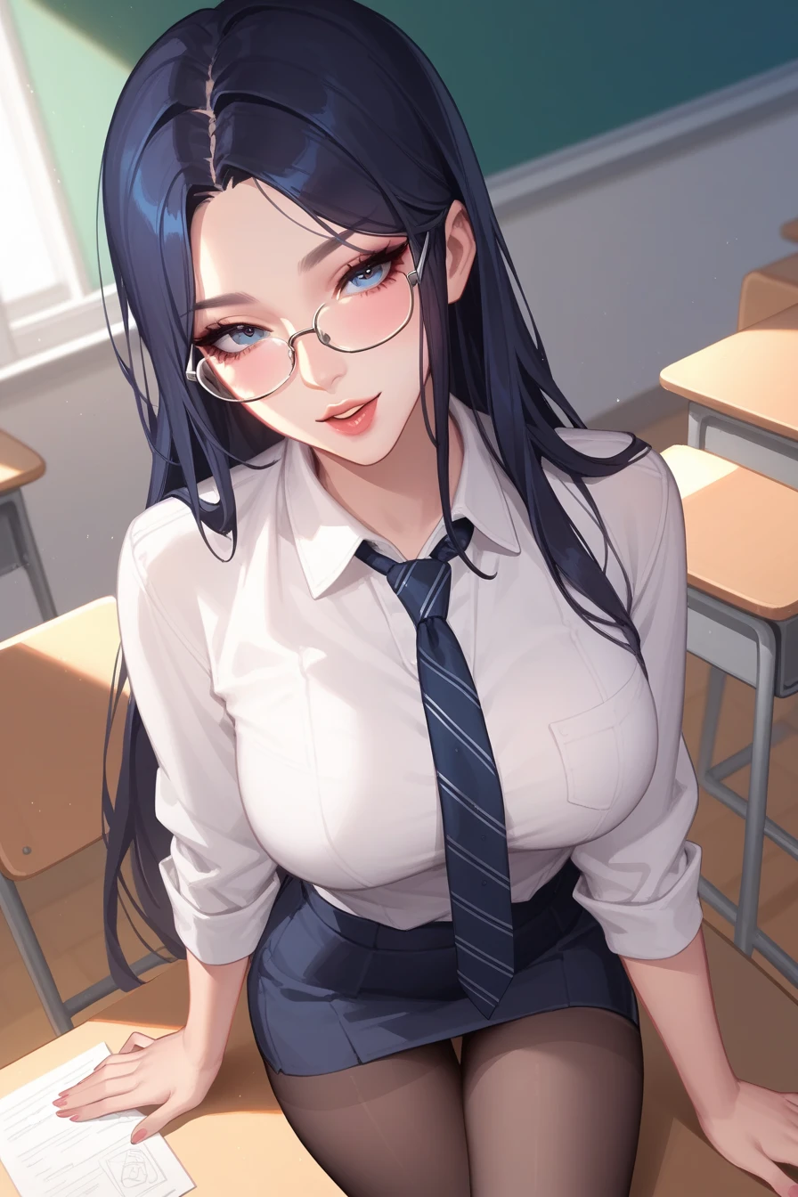 Above angle, anime, naughty girl like Irelia, arrogant facial, necktie, glasses, in the classroom, evening light, (league of legends-series)