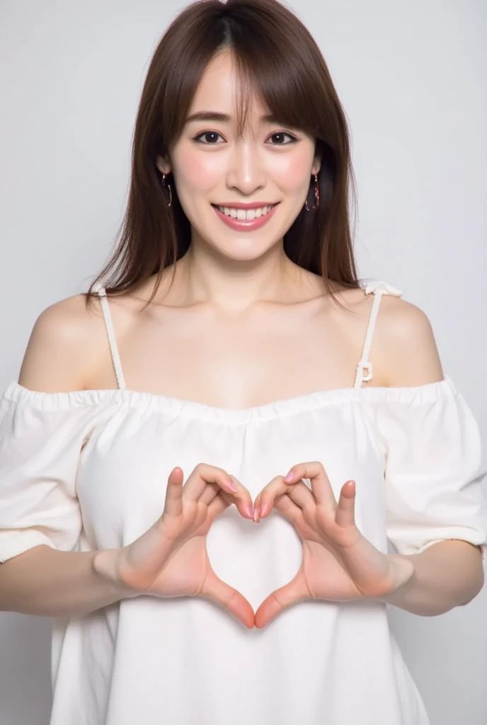 Only one woman with a cute smile wears cute, fluffy off-shoulder pajamas, makes a big heart shape with both hands, and poses them in front of her chest, View above collarbone、The background is a monotone 、
