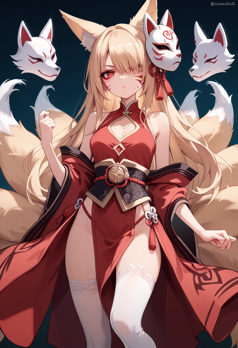  hair covers the eye, rpg, sperm,  bare shoulders are visible, 1 girl,  long golden hair, 4K,  red eyes , , fox ears, hair template ,   red stripes on face, black mascara, red kimono , sleeveless, brassiere, 9 tails,  white stockings, Fox mask, sweet girl, goddess, Geisha, prostitute, chest cutout, teenager girl, magician,  fantasy, fighting stance